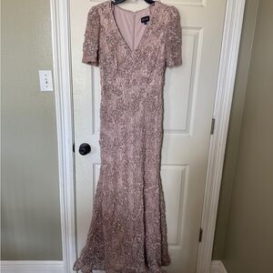 Xscape Pink Puff Sleeve V-Neck Maxi Gown